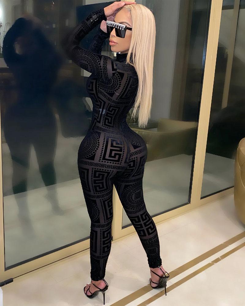 Mesh Long Sleeve Jumpsuit