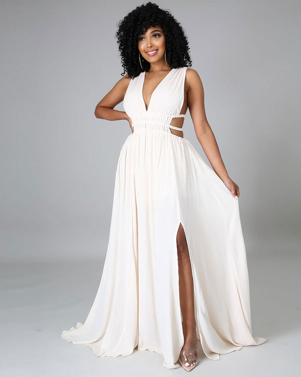 V-neck ice silk maxi dress