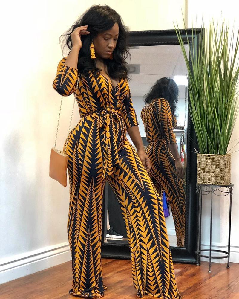 V-neck  belt geometric print jumpsuit