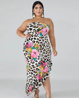 Flower leopard print plus size frilled dress