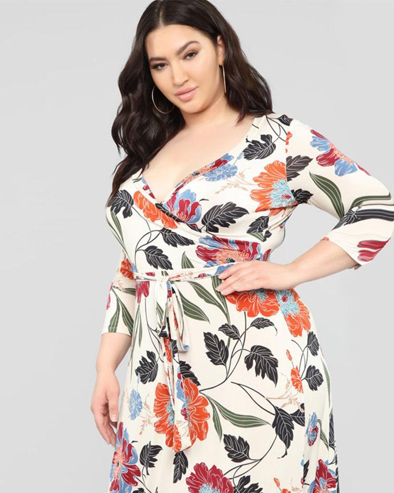 Flower print V-neck plus size long dress