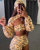 Leopard print hooded shorts casual sports suit