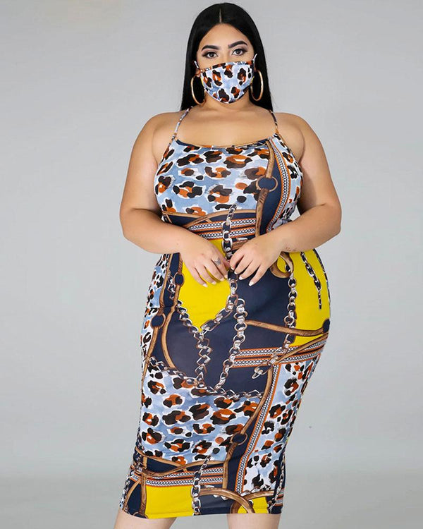 Plus size women's sexy strap leopard print chain print dress