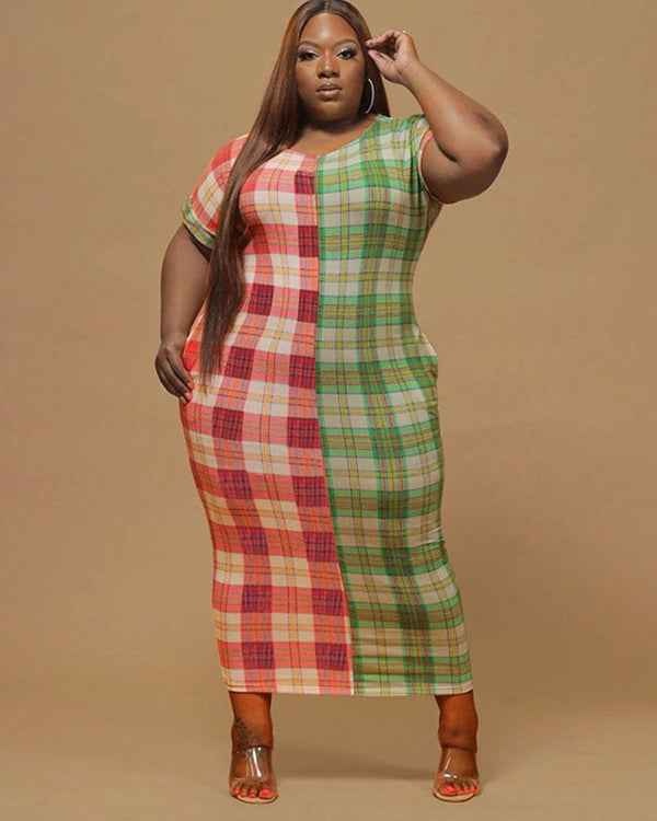 Check color block round neck long plus size dress