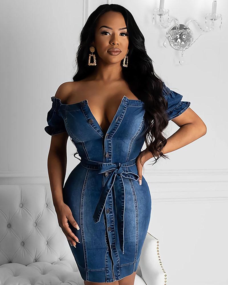 One-shoulder single-breasted denim dress