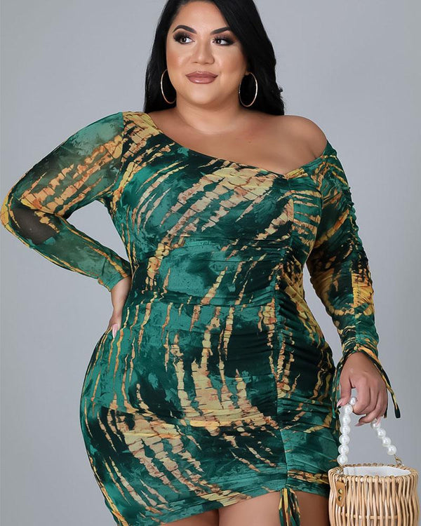 Large size green printed rope bag hip dress