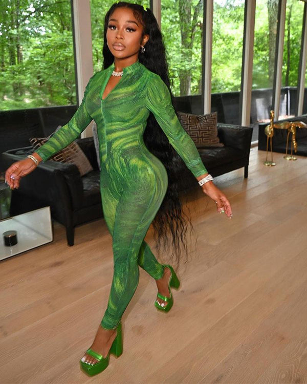 Green sexy mesh printed jumpsuit