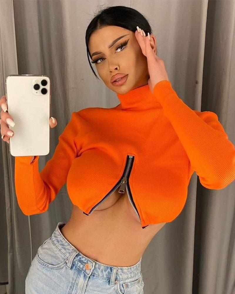 High-necked chest zipper long-sleeved crop top