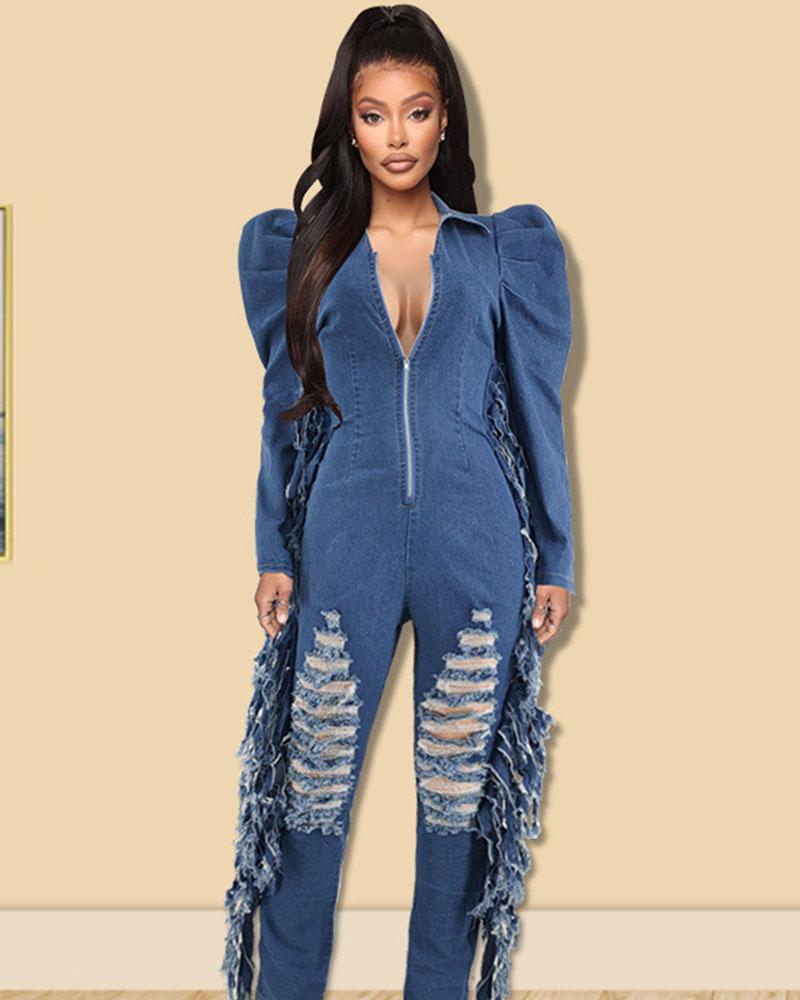 Puff sleeve jumpsuit denim with ripped tassels