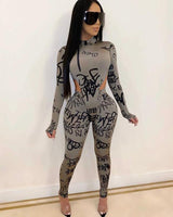 Fashion letter print sexy open waist long-sleeved cropped trousers suit