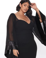 Plus size women's bat long sleeve V-neck dress