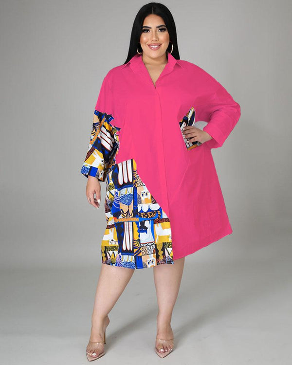 Featured stitching plus size ladies shirt dress