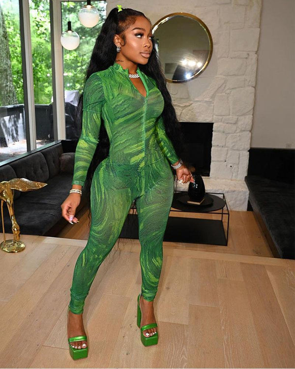 Green sexy mesh printed jumpsuit