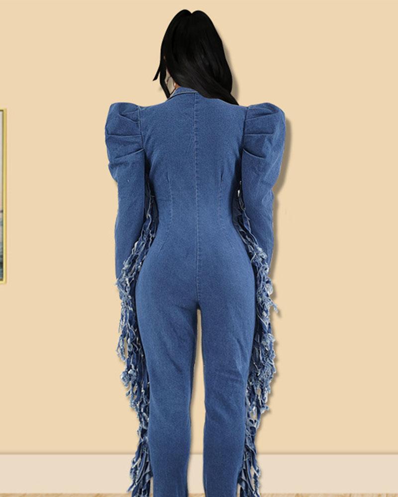 Puff sleeve jumpsuit denim with ripped tassels