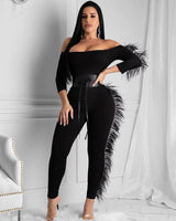 Sexy feather-trimmed one-shoulder jumpsuit