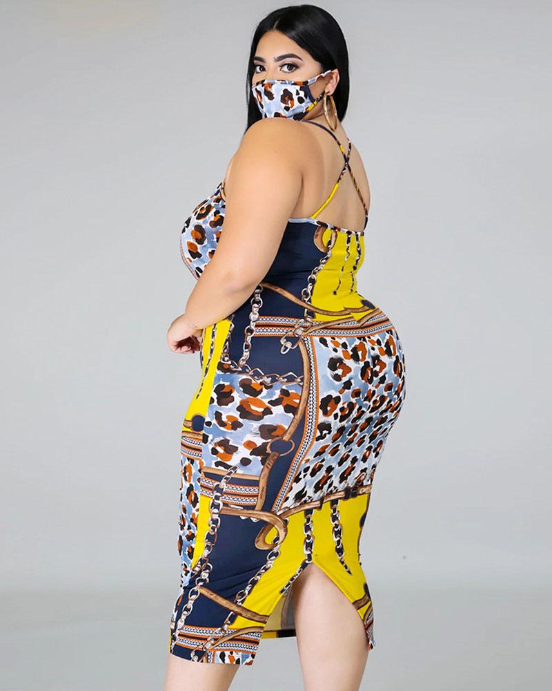 Plus size women's sexy strap leopard print chain print dress