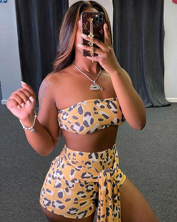 Leopard print hooded shorts casual sports suit