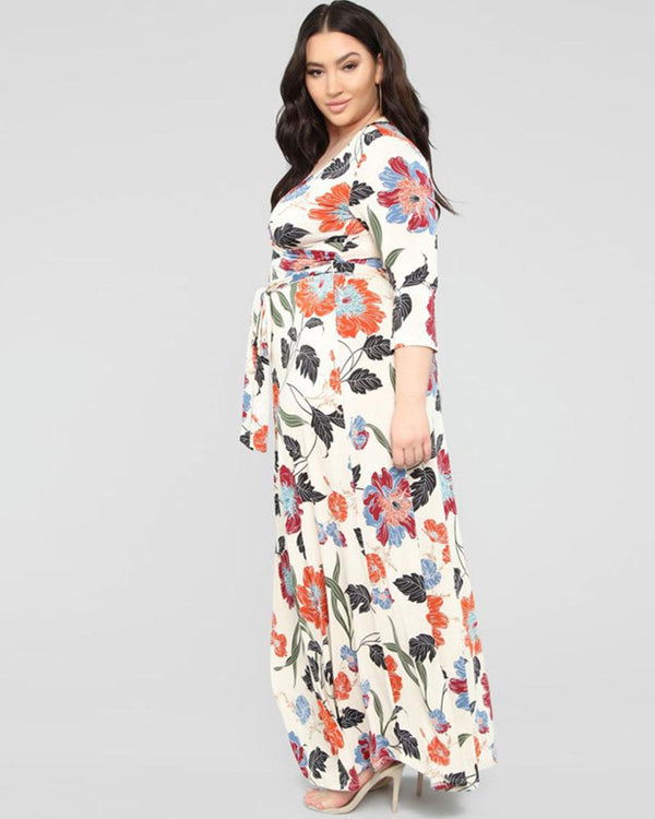 Flower print V-neck plus size long dress