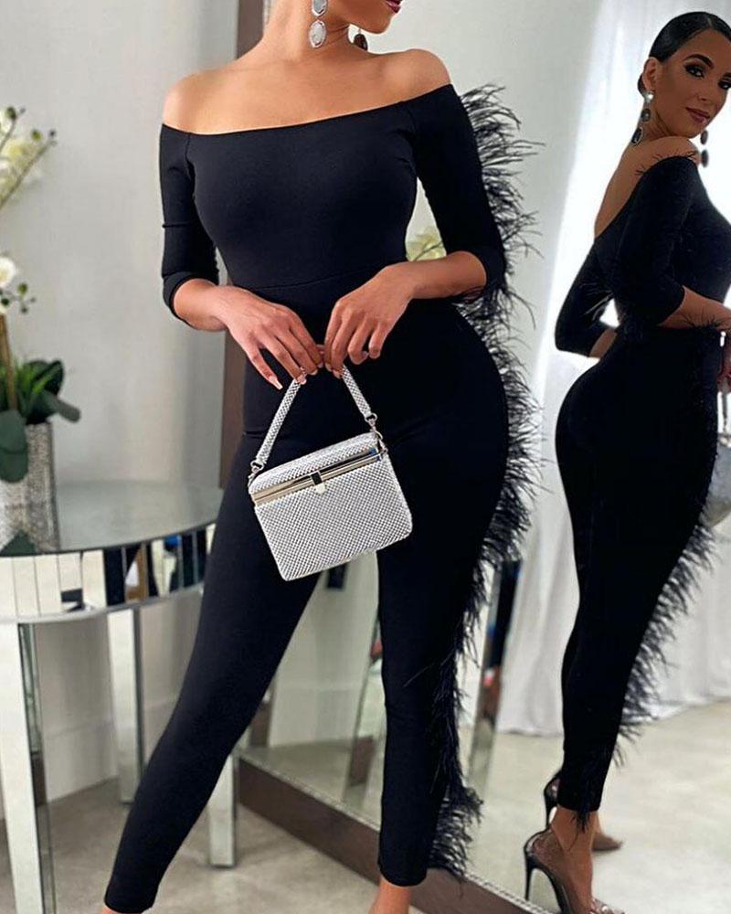 Sexy feather-trimmed one-shoulder jumpsuit