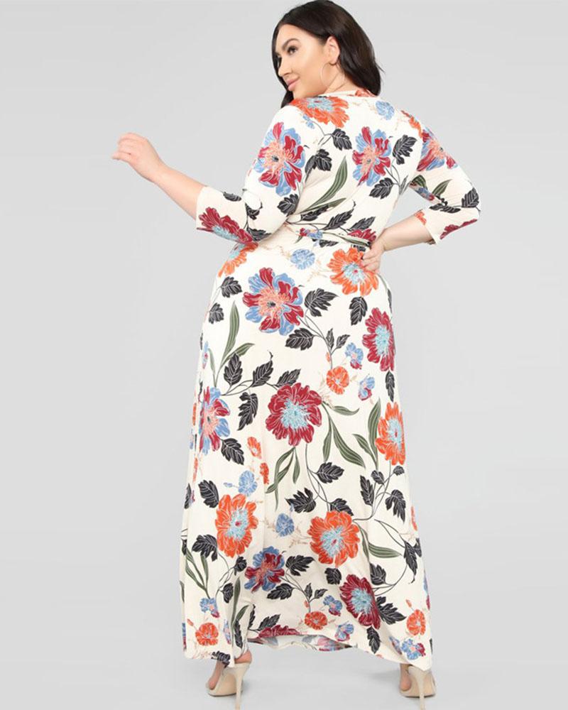 Flower print V-neck plus size long dress