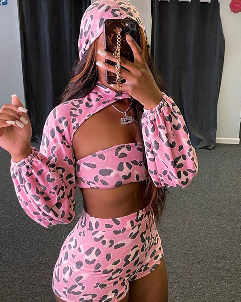 Leopard print hooded shorts casual sports suit