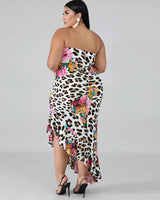 Flower leopard print plus size frilled dress