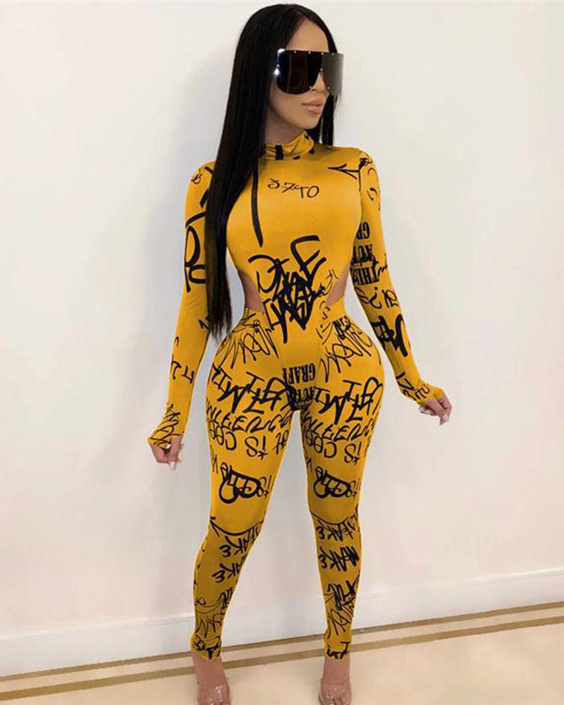 Fashion letter print sexy open waist long-sleeved cropped trousers suit