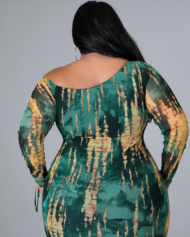 Large size green printed rope bag hip dress