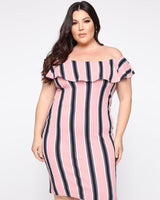 Plus size women's dress summer striped one-shoulder lotus leaf collar