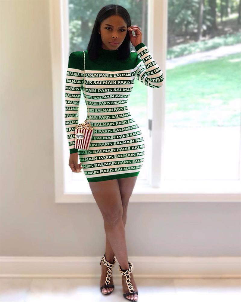 Letter Print Long Sleeve Bodycon Dress