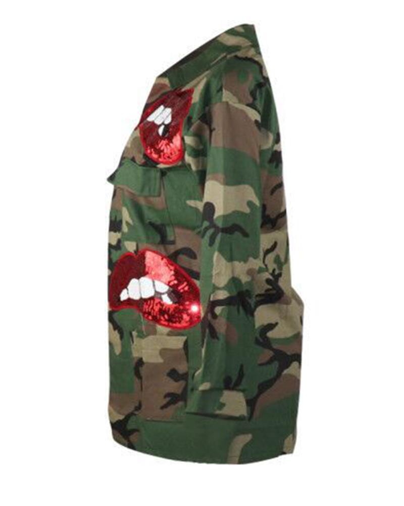 Lip Print Stand Collar Camo Jacket