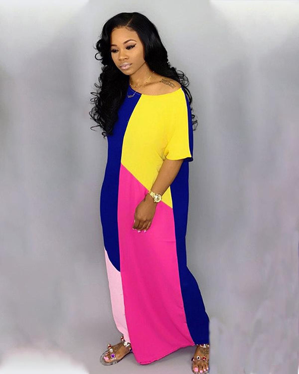 Blue Yellow Colorblock African Long Maxi Dress